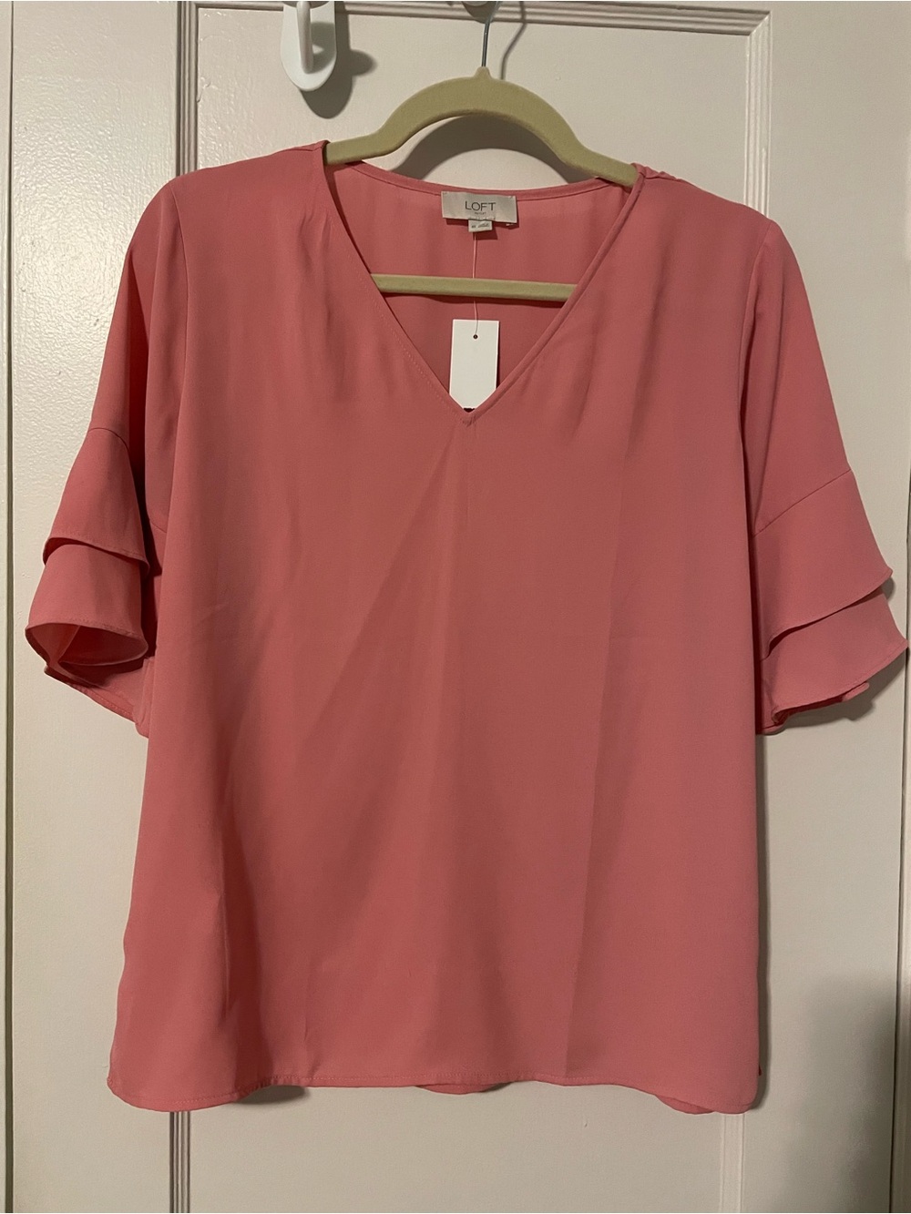 LOFT Pink V-Neck Ruffle Sleeve Blouse, XS, NWT